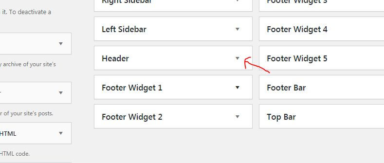 click on drop down button on header tab in wordpress widgets