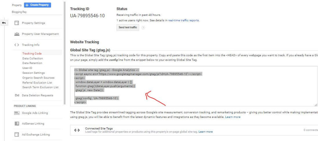 copy the tracking code in google analytics