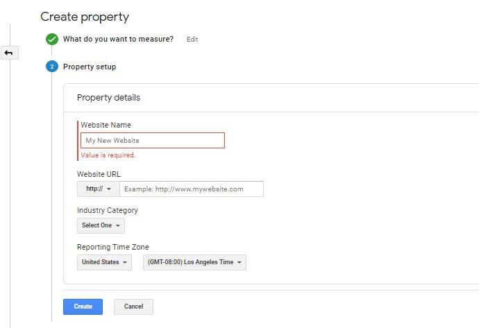 enter your property name and url in google analytics